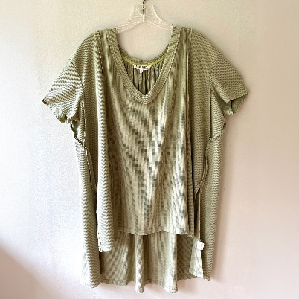Sz L Oversized pastel Green Textured Tunic V Neck Cover Up Shirt Midi dress